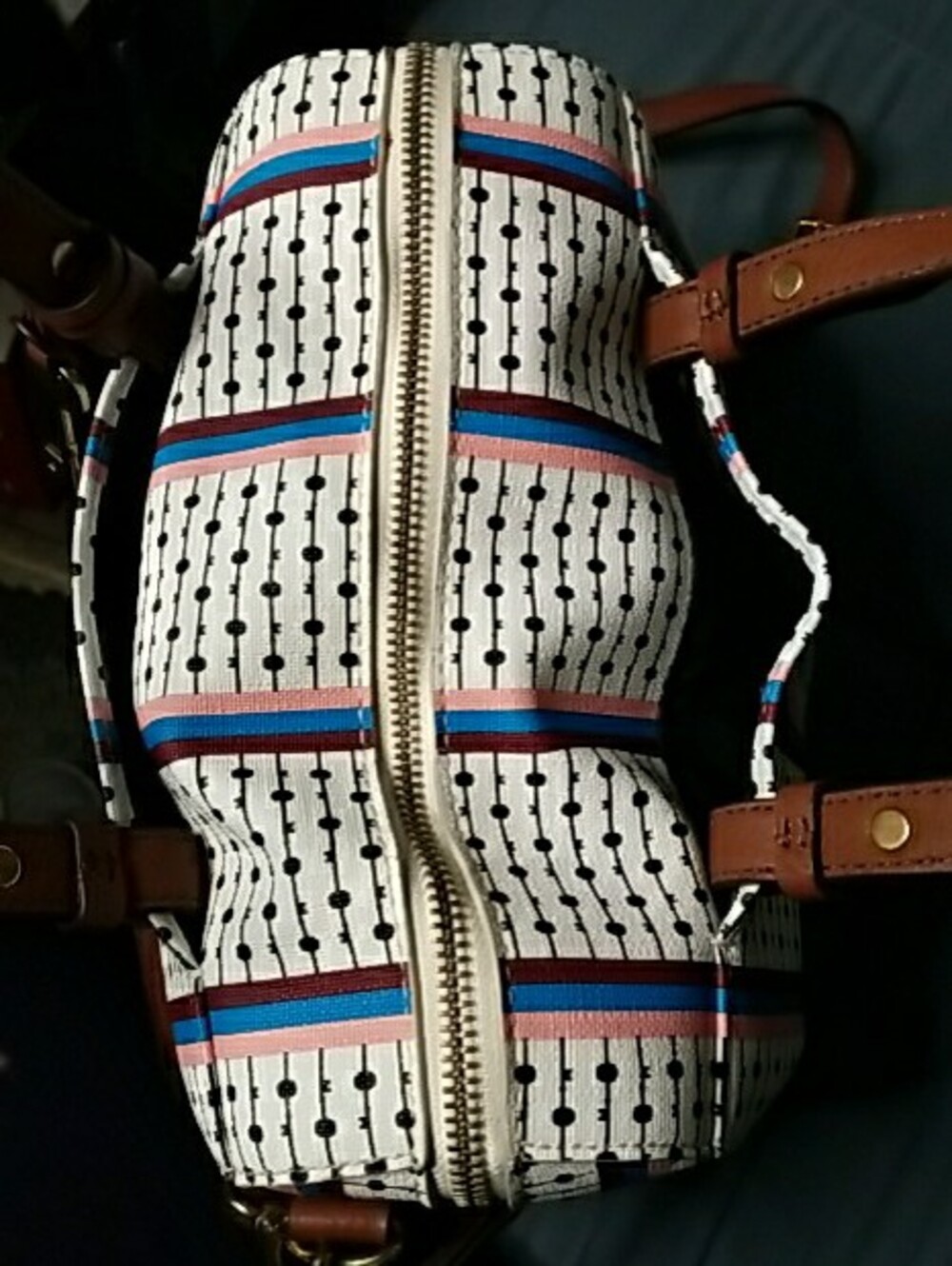 Fossil White Satchel with Brown Handles and Blue & Red Stripes - Picture 8 of 15